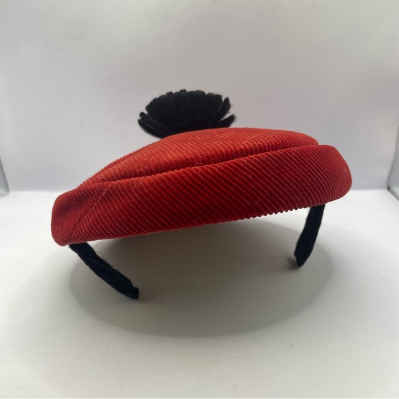 Vintage 60s MCM Red & Black Corduroy Calot Partial Hat / Fascinator W Puff - Picture 4 of 8